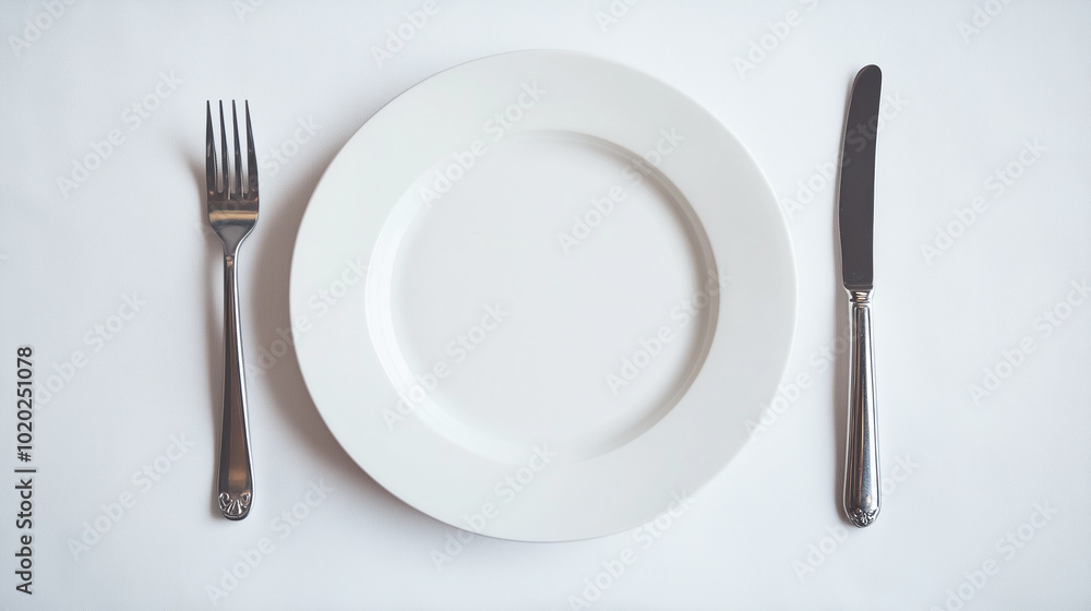 Minimalist dining setting with empty plate, fork, and knife on white tablecloth Minimalist dining setting with empty plate, fork, and knife on white tablecloth