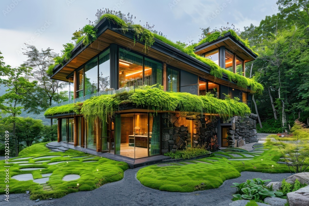 Fototapeta premium Realistic eco-friendly home exterior with green roof and sustainable landscaping high-definition detail