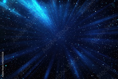 Abstract Blue Light Rays and Stars Background with a Cosmic Space Theme