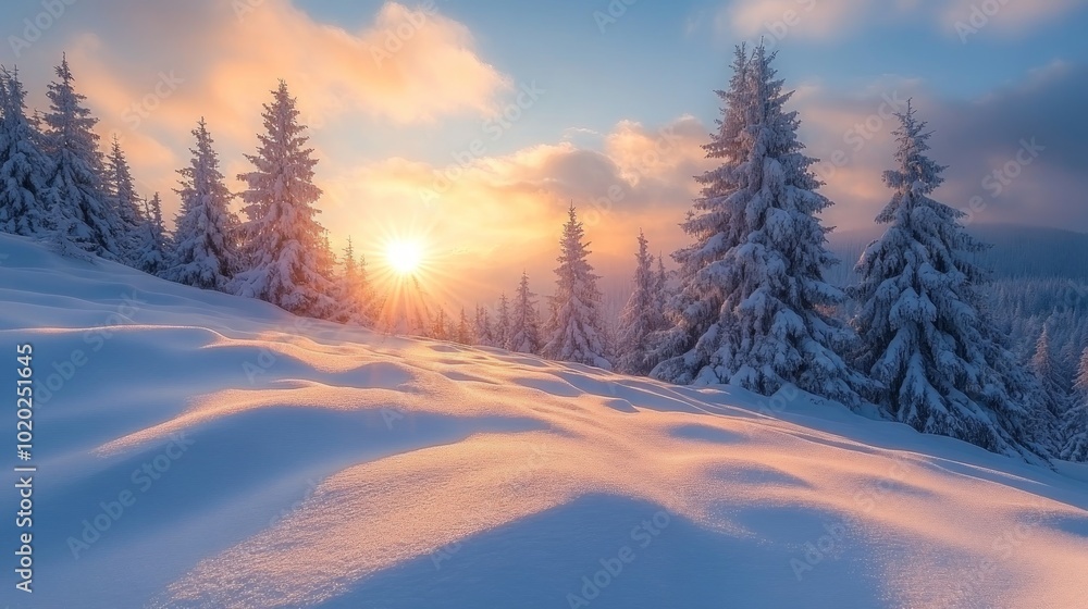 A stunning sunset over a snow-covered mountain landscape, with tall fir trees silhouetted against the glowing sky. A stunning sunset over a snow-covered mountain landscape, with tall fir trees silhouetted against the glowing sky.