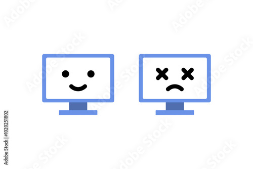 Set of happy and broken error computer monitor screen icon. Technology, internet, network connection concept. Flat cartoon vector isolated design illustration.