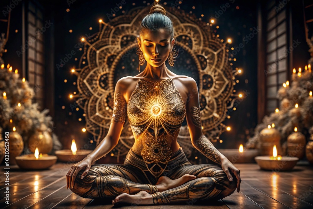 Obraz premium The concept of esoteric spiritual meditation, a woman in the lotus position. Human meditation, spirituality and chakra activation, mystical spirit.
