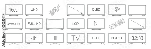 TV black line icon set. Different types of tv displays with signs. HD, TV, Play, remote icons. Pictogram for web page, mobile app, promo. Editable stroke. 