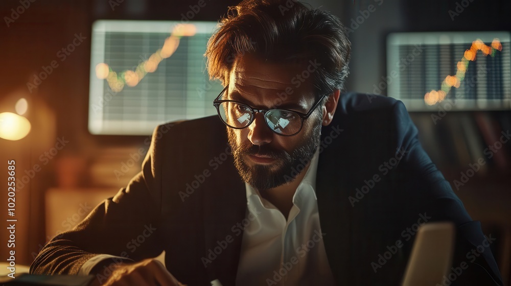 A focused businessman analyzing financial data in a dimly lit office, showcasing dedication and strategy for success. A focused businessman analyzing financial data in a dimly lit office, showcasing dedication and strategy for success.