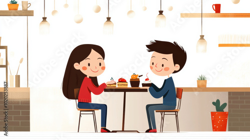 Sharing dessert at cozy restaurant, couple enjoys their time together, creating sweet memories. warm atmosphere enhances their joyful experience