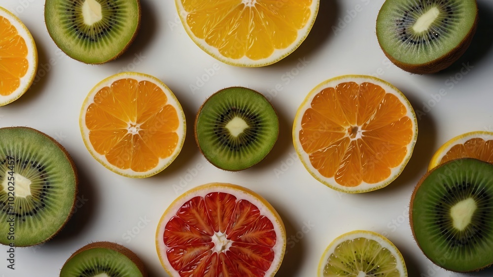 Collection of citrus fruits and kiwis arranged on white background for fresh display Collection of citrus fruits and kiwis arranged on white background for fresh display