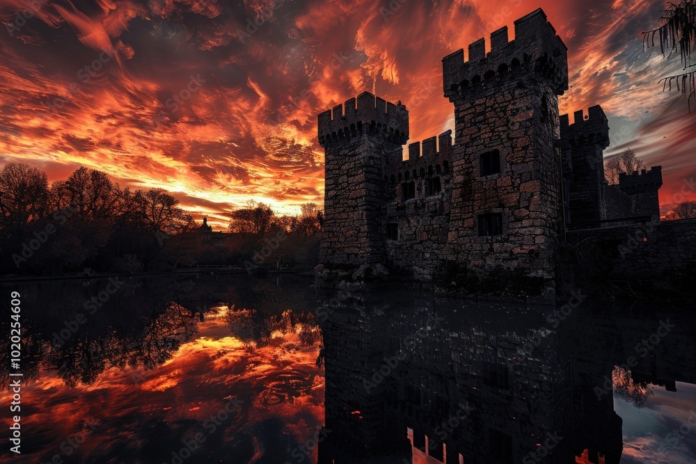 A castle is reflected in the water, with the sun setting in the background,generative ai image A castle is reflected in the water, with the sun setting in the background,generative ai image