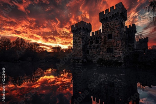 A castle is reflected in the water, with the sun setting in the background,generative ai image photo