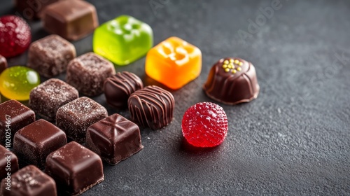 A variety of chocolate squares and colorful candies arranged on a dark grey slate surface.