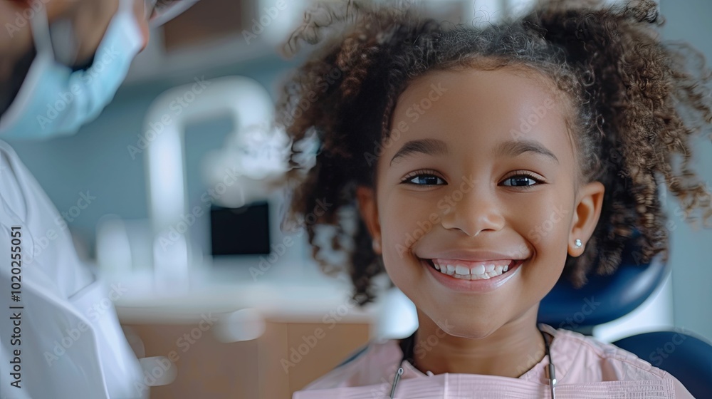 Happy young girl with curly hair smiling at the dentist Happy young girl with curly hair smiling at the dentist