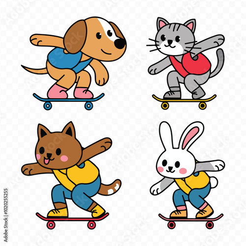 Cartoon Animal Set  Bunny with Hat, Bunny on Skateboard, and Panda Illustration rabbit dog tiger cat