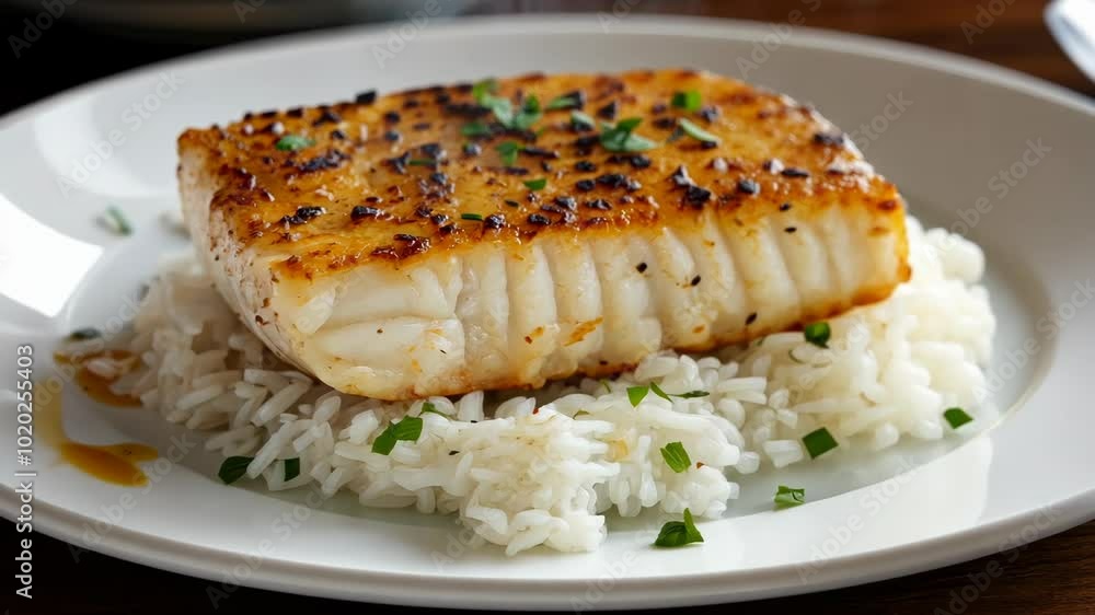 A crispy, golden-brown fish fillet sits atop a bed of fluffy white rice, garnished with fresh herbs A crispy, golden-brown fish fillet sits atop a bed of fluffy white rice, garnished with fresh herbs