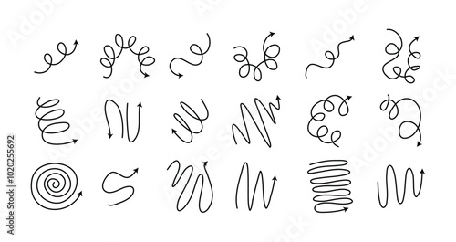 Spiral arrows Doodle set, hand drawn spring arrow coil icons flexible lines. Editable stroke