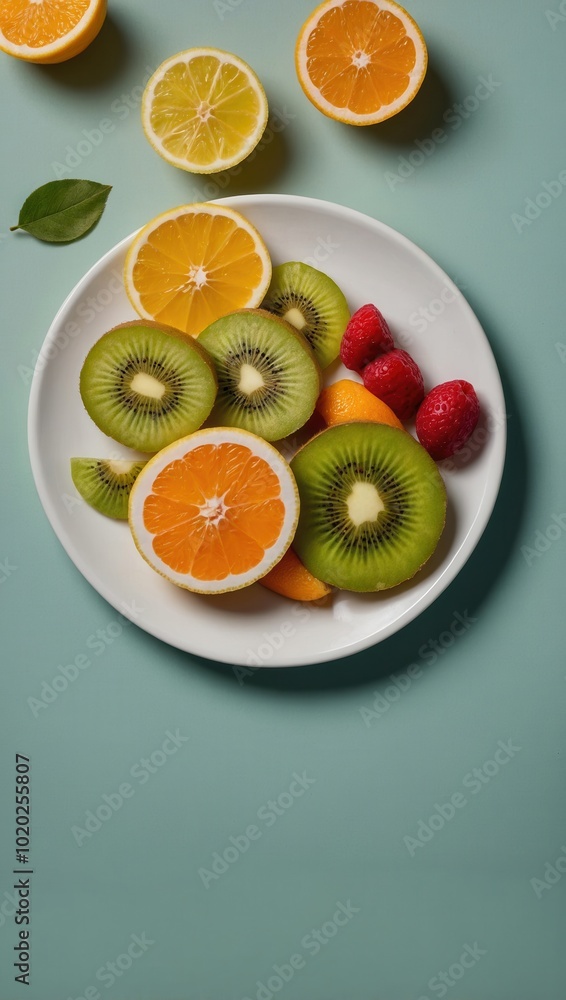 Close-up of citrus fruits and berries arranged on a white plate against grey background Close-up of citrus fruits and berries arranged on a white plate against grey background