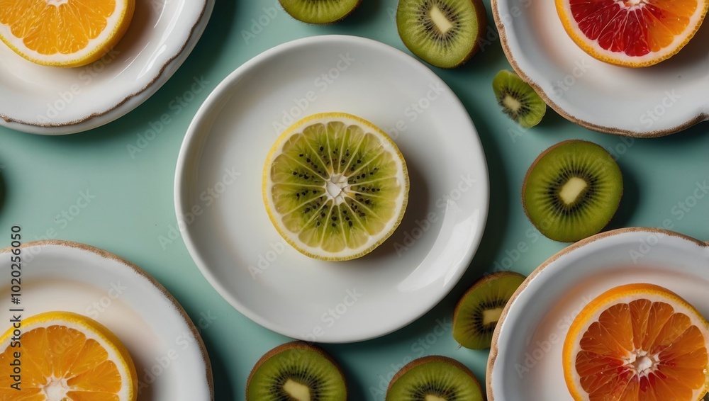 Three bowls of orange, lemon, and kiwi slices, with whole fruits in the background Three bowls of orange, lemon, and kiwi slices, with whole fruits in the background