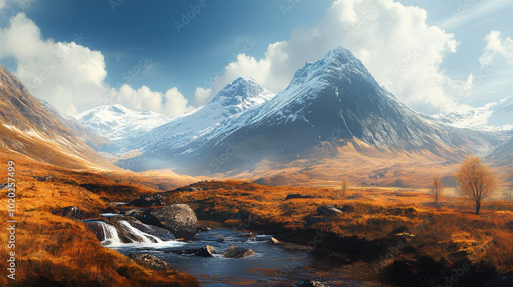 Naklejka premium A scenic view of snow-capped mountains overlooking a rushing stream flowing through an autumnal valley.