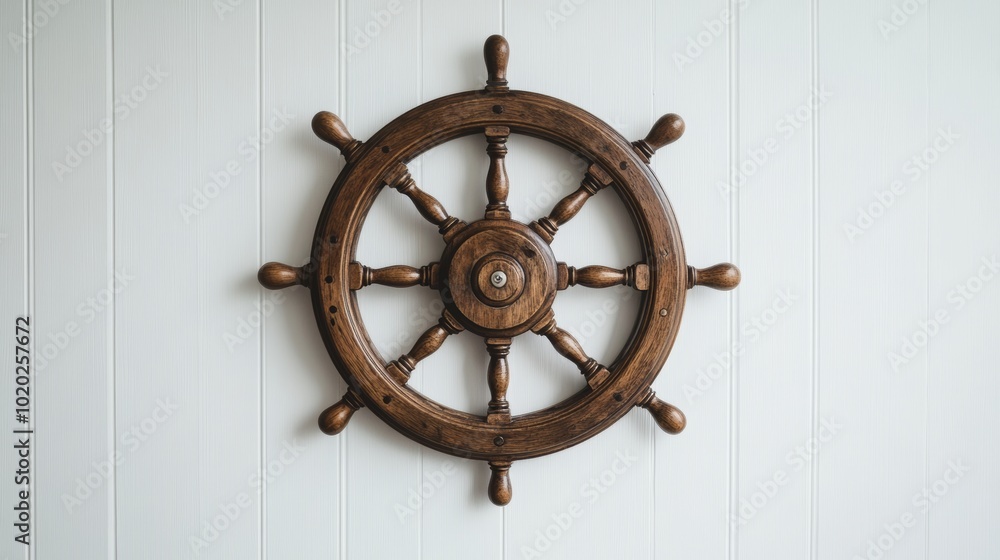 Fototapeta premium A plain white background shows a steering wheel from a boat. 