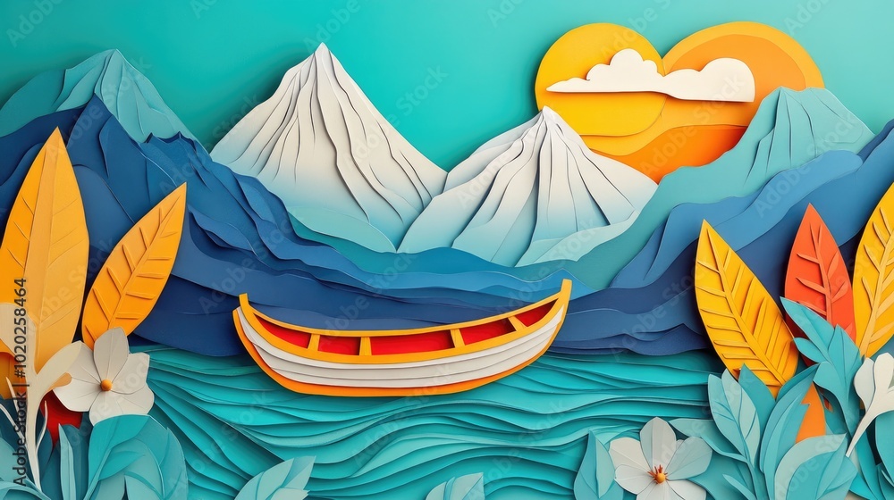 Naklejka premium Boat on a lake with a backdrop of a famous mountain during early spring showcasing a picturesque landscape Scenic boat on a lake with mountain backdrop in early spring