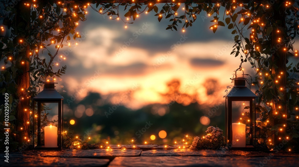 Two Lanterns with Candles and Fairy Lights Against a Sunset Background Two Lanterns with Candles and Fairy Lights Against a Sunset Background