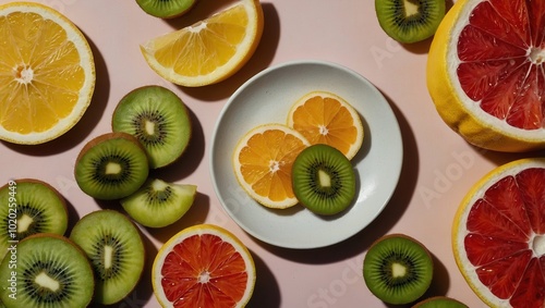 Vibrant citrus and kiwi slices with grapefruit halves on neutral background