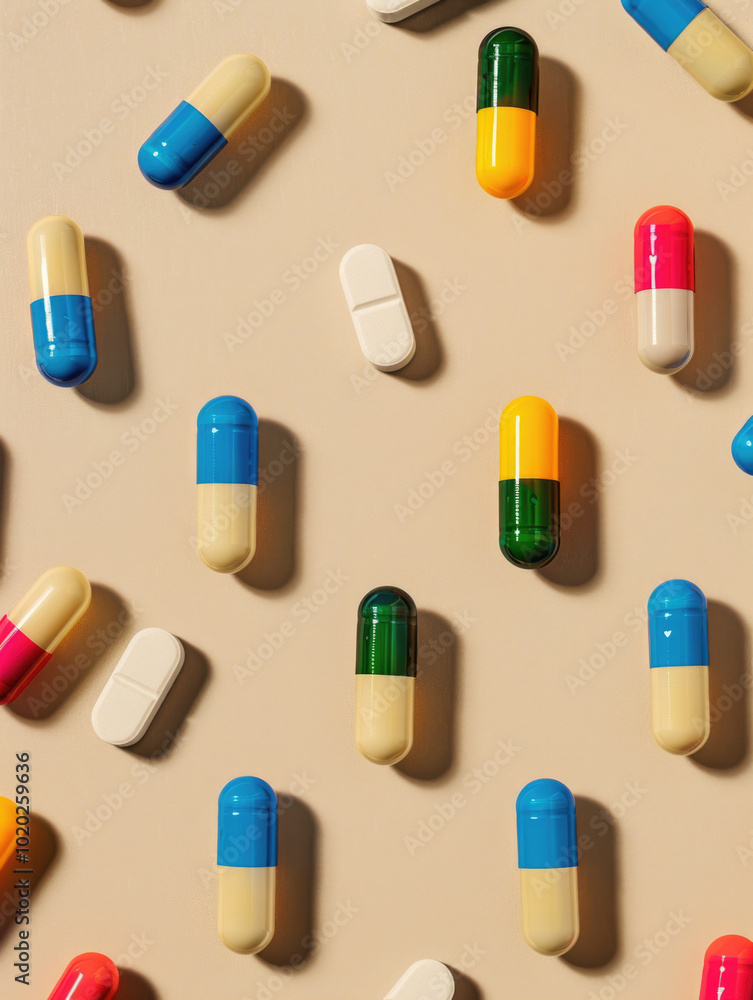 Vibrantly Colored Capsules and Pills Displayed on a Soft Beige Background for Visual Appeal Vibrantly Colored Capsules and Pills Displayed on a Soft Beige Background for Visual Appeal