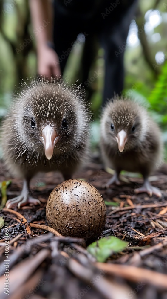 Obraz premium Two fluffy chicks curiously observe a large egg on the forest floor.