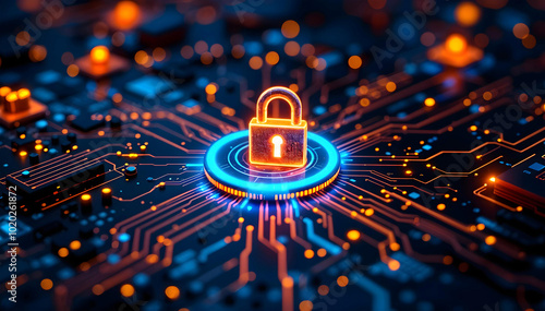 A glowing padlock rests on a circuit board, surrounded by blue and orange lights. The image symbolizes digital security and protection.