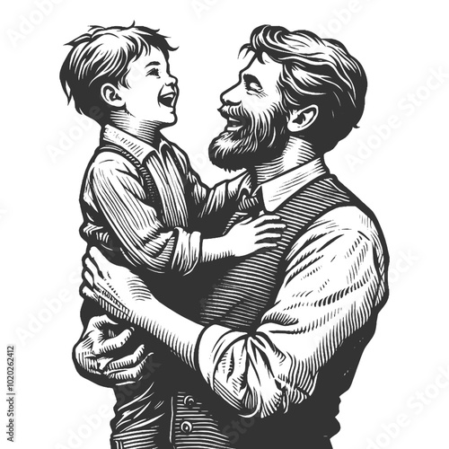 smiling father embracing his young son, warmth and affection in a family bonding moment sketch engraving generative ai vector illustration. Scratch board imitation. Black and white image.