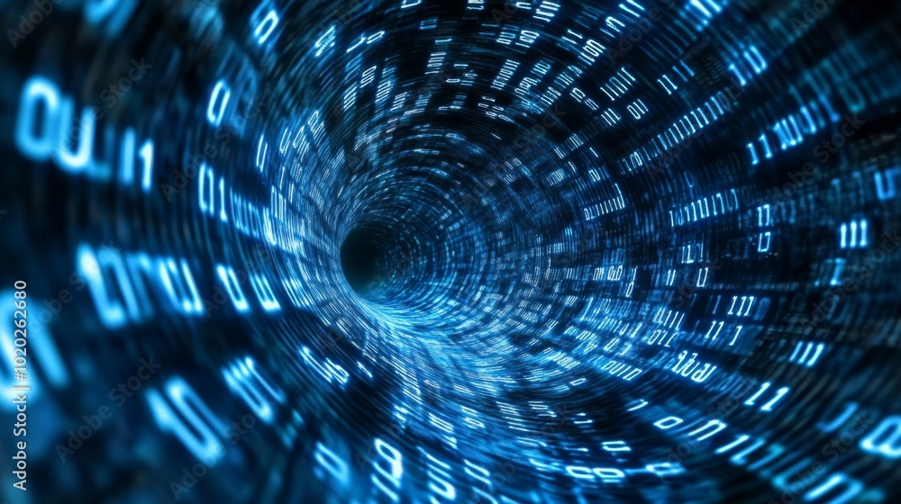 Binary Code Tunnel with Blue Glowing Numbers Binary Code Tunnel with Blue Glowing Numbers