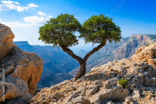 A lone tree on top of a rocky mountain with mountains in the background