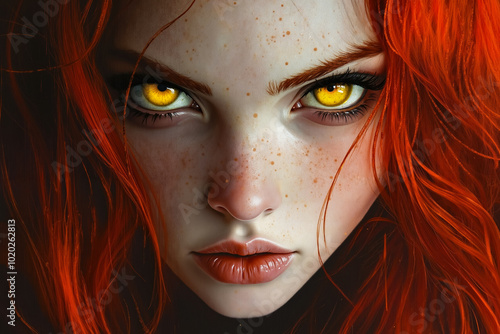 A close up of a woman with red hair and yellow eyes