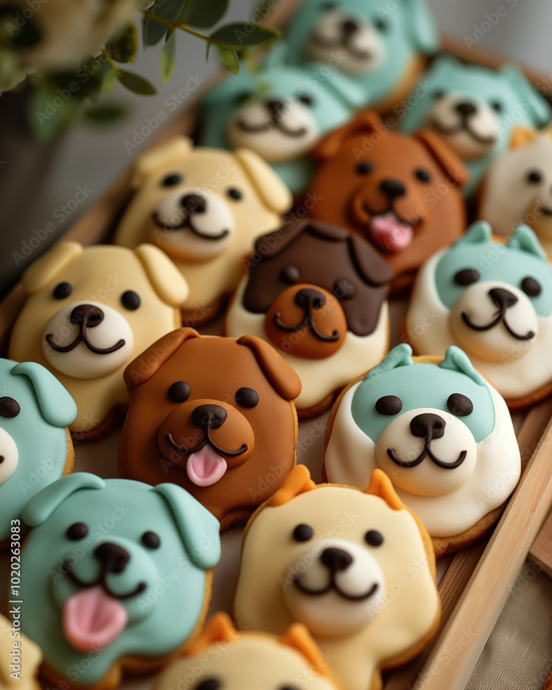 Delightful dog themed icing cookies arranged beautifully in bakery Delightful dog themed icing cookies arranged beautifully in bakery