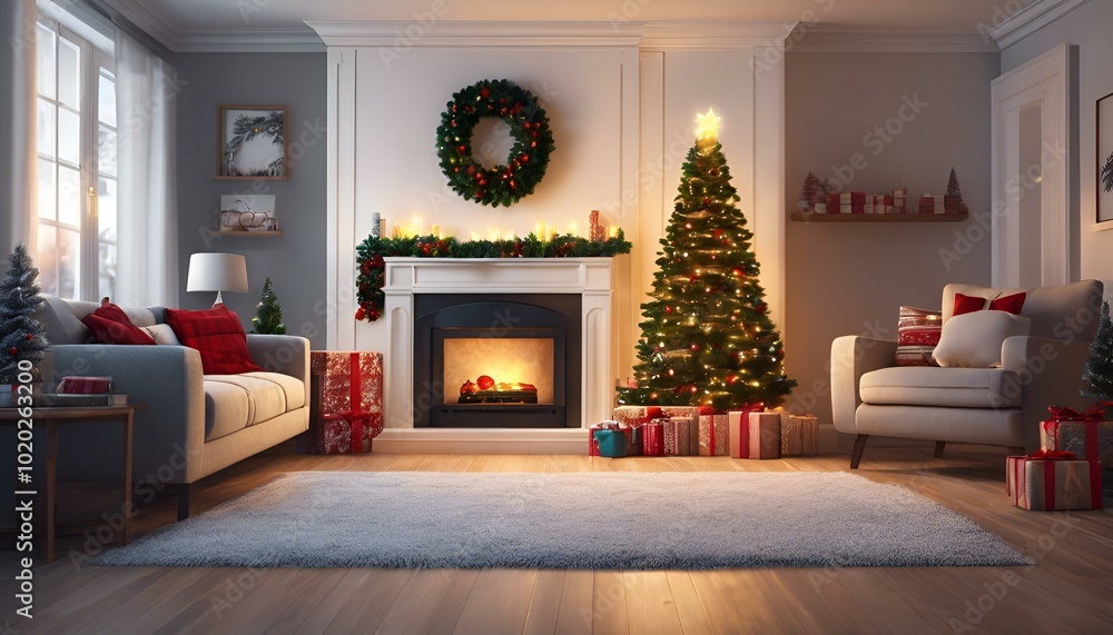 Fototapeta premium Cozy living room decoration for Christmas, with a sparkling Christmas tree in the corner, stockings hanging on a neatly wrapped ledge, gifts under warm light with delicate bokeh, realistic style. Cozy