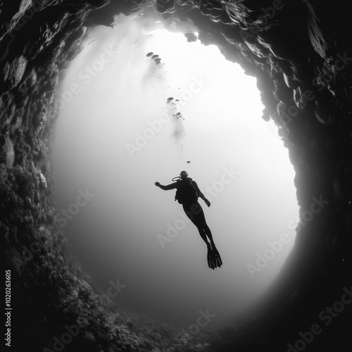 A lone diver descends into ...