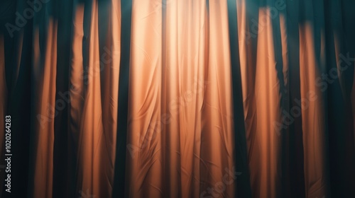 Illuminated Curtains in a Theatrical Setting, Softly draped fabric bathed in warm light, creating an enchanting ambiance, inviting the audience into a world of performance. photo