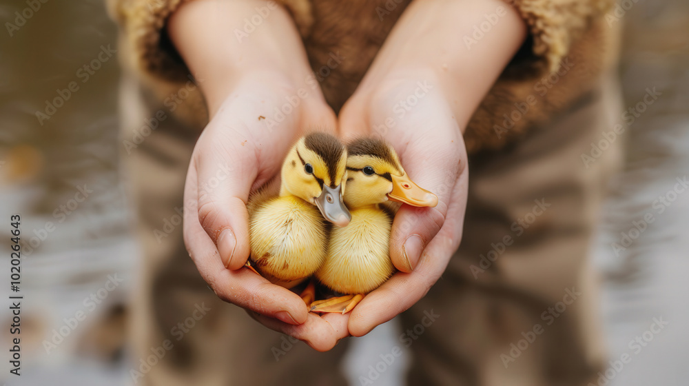 Tender farmer hands gently cradling fluffy ducklings, serene pond in the background, emphasizing care and connection with nurturing livestock. Tender farmer hands gently cradling fluffy ducklings, serene pond in the background, emphasizing care and connection with nurturing livestock.