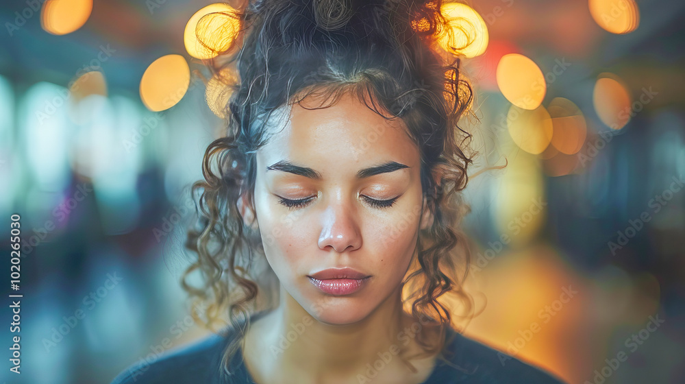 Young woman meditating with closed eyes for stress awareness day Young woman meditating with closed eyes for stress awareness day