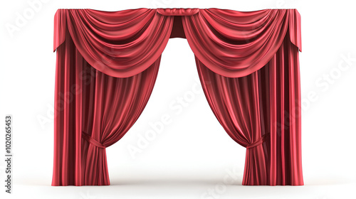 A red velvet stage curtain with a draped top, isolated on a white background.