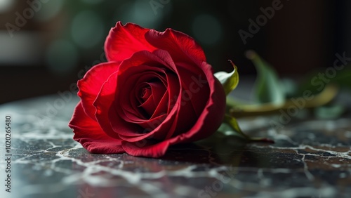 Generative, AI, a single red rose lying on a dark, marbled surface, with intricately layered petals and a partially visible green stem.