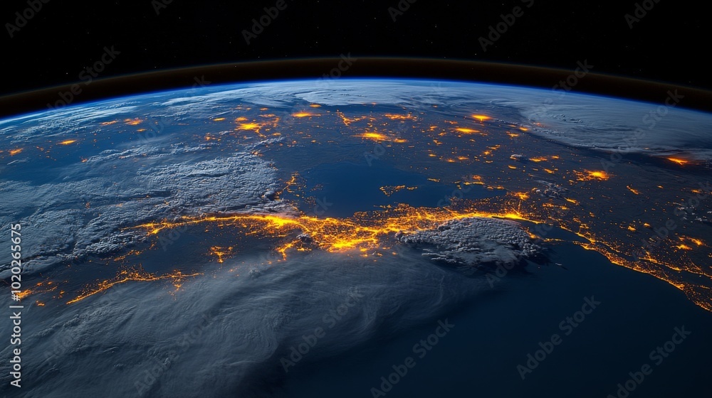 Fototapeta premium Earth at Night with City Lights and Clouds