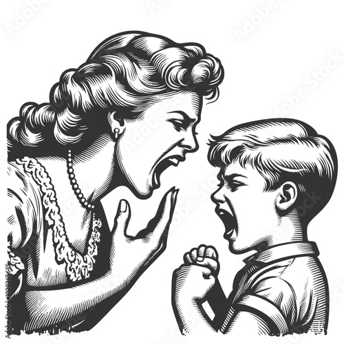 angry mother yelling at her young son, tense moment of discipline and frustration sketch engraving generative ai fictional character vector illustration. Scratch board imitation. Black and white image