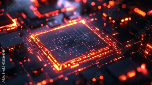 Wallpaper Mural Red Illuminated Circuit Board with Central Processing Unit Torontodigital.ca