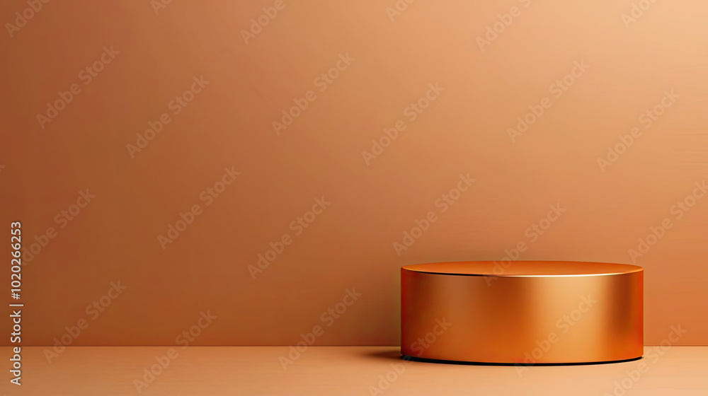 Minimalist design featuring a round copper pedestal against a warm orange background, ideal for showcasing products or artwork with elegance. Minimalist design featuring a round copper pedestal against a warm orange background, ideal for showcasing products or artwork with elegance.