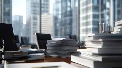 Wallpaper Mural Office Desk with Stacks of Papers and City View Torontodigital.ca