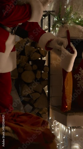 Santa Claus putting Christmas presents in socks over the fireplace, eating ginger cookies and drinking milk on Christmas night in the decorated living room with Christmas tree