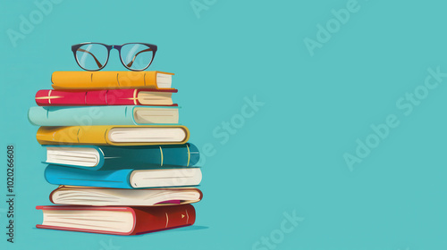 Wallpaper Mural Books and Glasses, an illustration showcasing a neat stack of colorful books alongside a stylish pair of reading glasses, embodies a love for literature and knowledge. Torontodigital.ca