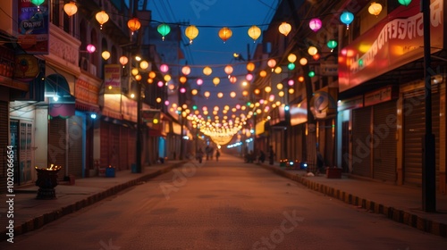 Diwali Street Celebration, vibrant street adorned with colorful lights, festive decorations creating a joyful atmosphere, community gathering to celebrate the Festival of Lights