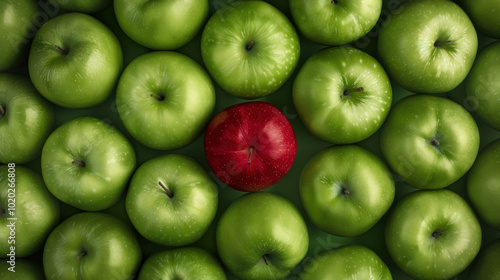 Red apple surrounded by a vibrant circle of overlapping green apples, creating a striking contrast and a visually captivating arrangement under soft lighting.