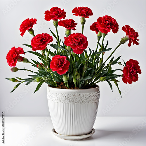 Red carnation plant in a pot