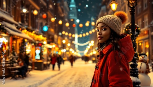 Woman strolling through illuminated city streets on a winter evening, enjoying the festive atmosphere and holiday lights